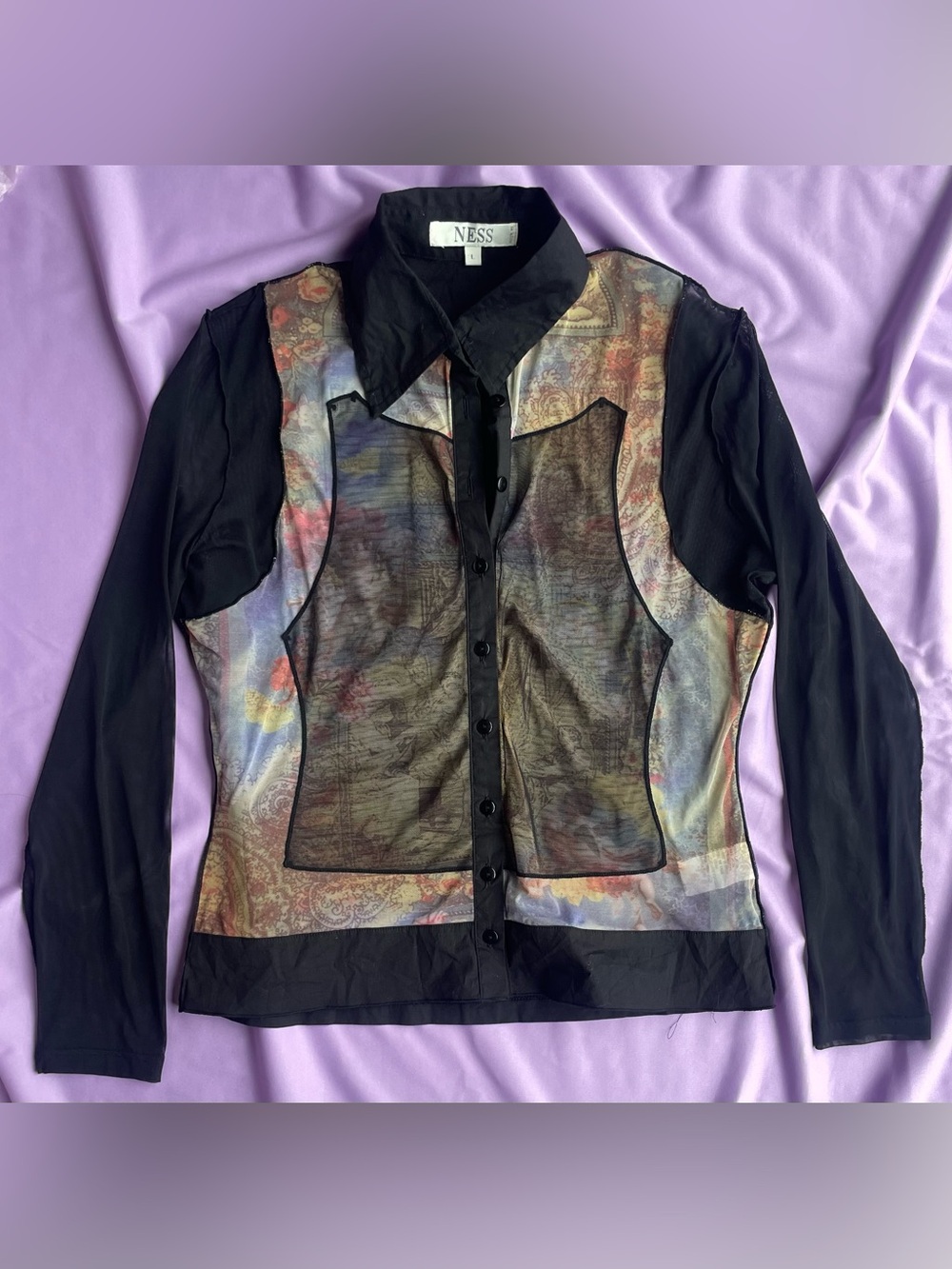 NESS Y2K Whimsigoth Fairy Grunge Mesh Baroque Paisley Tapestry Top L
